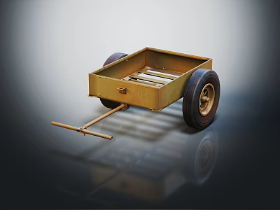 Vintage Yellow Metal Trailer With Large Wheels And Pull Handle 3d model