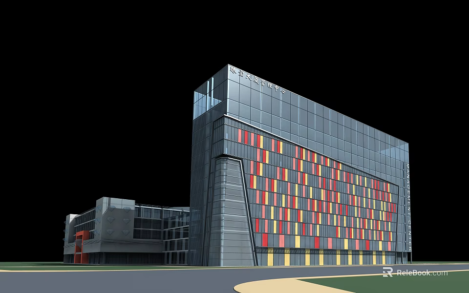 Modern Building Exterior Design With Glass Curtain Wall And Colorful Geometric Panels 3d model 