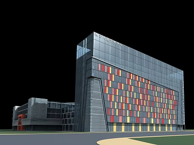 Modern Building Exterior Design With Glass Curtain Wall And Colorful Geometric Panels 3d model