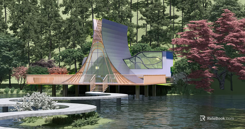 Luxury Detached Villa with Waterfront View Lush Forest and Unique Curved Roof Glass Design 3d model 