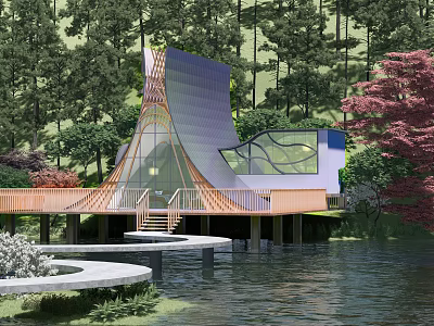 Luxury Detached Villa with Waterfront View Lush Forest and Unique Curved Roof Glass Design 3d model