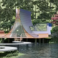 Luxury Detached Villa with Waterfront View Lush Forest and Unique Curved Roof Glass Design