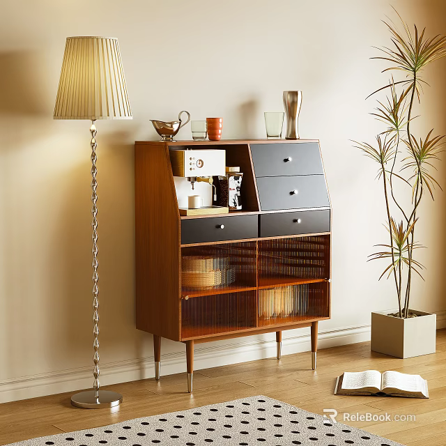 Wooden Sideboard With Drawers And Glass Doors In Cozy Interior With Floor Lamp And Plant 3d model 