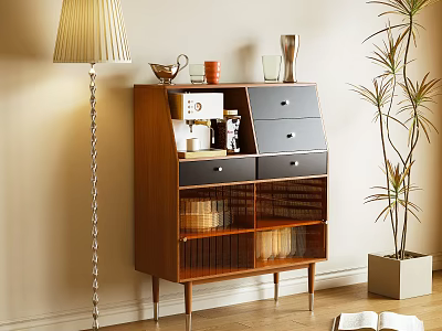 Wooden Sideboard With Drawers And Glass Doors In Cozy Interior With Floor Lamp And Plant 3d model
