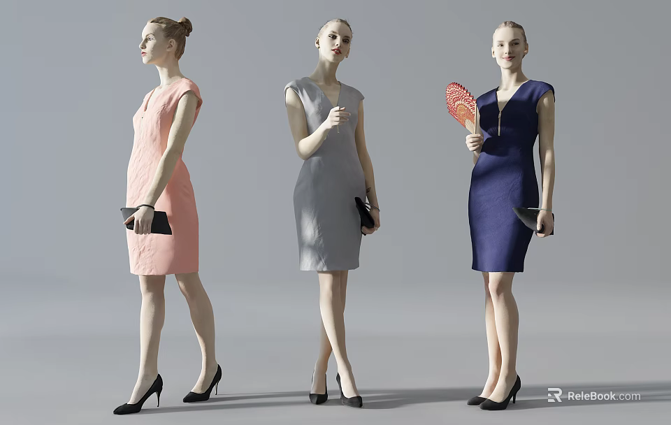 Three Women Models Wearing Different Colored Dresses With Handbags And Fan 3d model 
