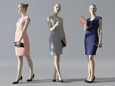 Three Women Models Wearing Different Colored Dresses With Handbags And Fan 3d model