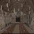 Medieval Great Hall Interior With High Vaulted Stone Ceiling Wooden Beams And Hanging Candle Chandeliers