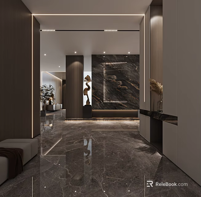 Elegant Modern Entryway Interior Design With Marble Wall Artwork Sculpture And Lighting 3d model