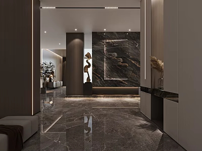 Elegant Modern Entryway Interior Design With Marble Wall Artwork Sculpture And Lighting 3d model
