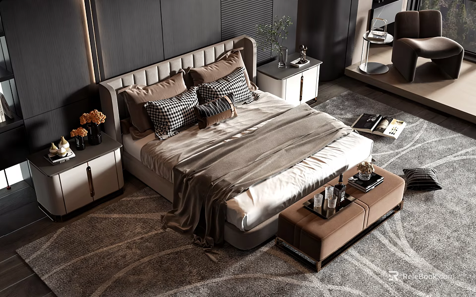 Modern Elegant Double Bed Interior With Upholstered Headboard Pillows And Nightstands 3d model 