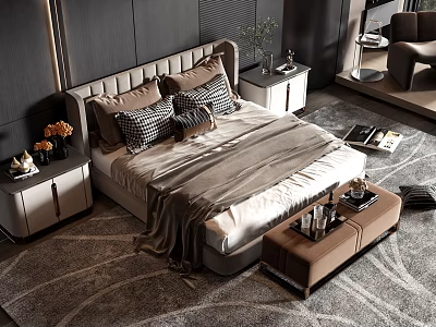 Modern Elegant Double Bed Interior With Upholstered Headboard Pillows And Nightstands 3d model