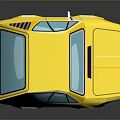 Yellow Cartoon Style Car With Blue Windows And Purple Wheels On Reflective Surface