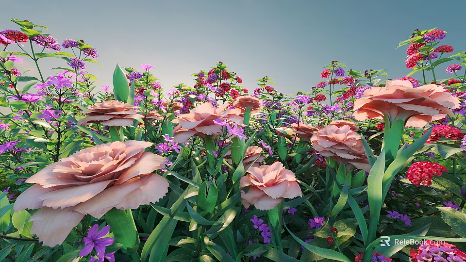 Vibrant Garden With Pink Carnations Purple Flowers And Green Leaves Under Blue Sky 3d model 