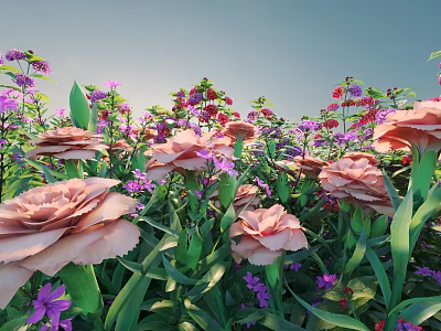 Vibrant Garden With Pink Carnations Purple Flowers And Green Leaves Under Blue Sky 3d model