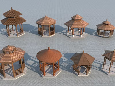 Various Wooden Gazebos With Different Roof Designs And Styles For Outdoor Use 3d model