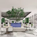 Bright Public Office Space Featuring Open Layout Desks Computers Green Plants And Pendant Lights 3d model