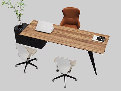 Wooden Office Desk With Laptop Black Cabinet Green Plant Brown Chair White Wheeled Chairs 3d model