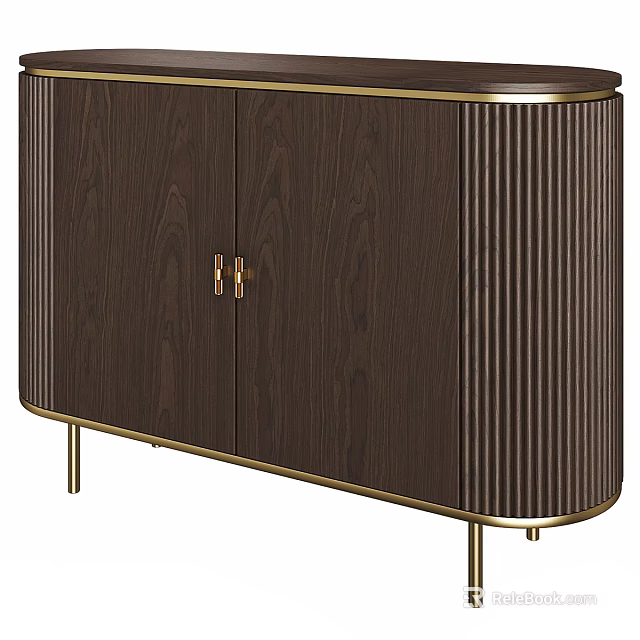 Elegant Dark Brown Wood Sideboard Featuring Gold Metal Accents Double Doors And Vertical Stripes 3d model 