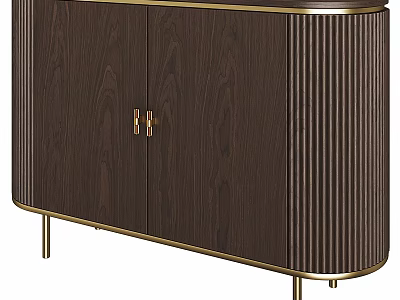 Elegant Dark Brown Wood Sideboard Featuring Gold Metal Accents Double Doors And Vertical Stripes 3d model