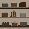 Stylish Bags And Luggage Displayed On Wooden Shelves With Classic Patterns And Leather Designs
