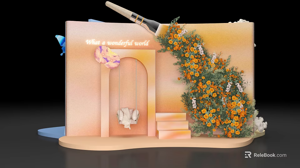 Floral Installation Featuring Orange Flowers Swing Archway Steps And Butterfly In Wonderful World Theme 3d model 