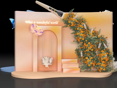 Floral Installation Featuring Orange Flowers Swing Archway Steps And Butterfly In Wonderful World Theme 3d model