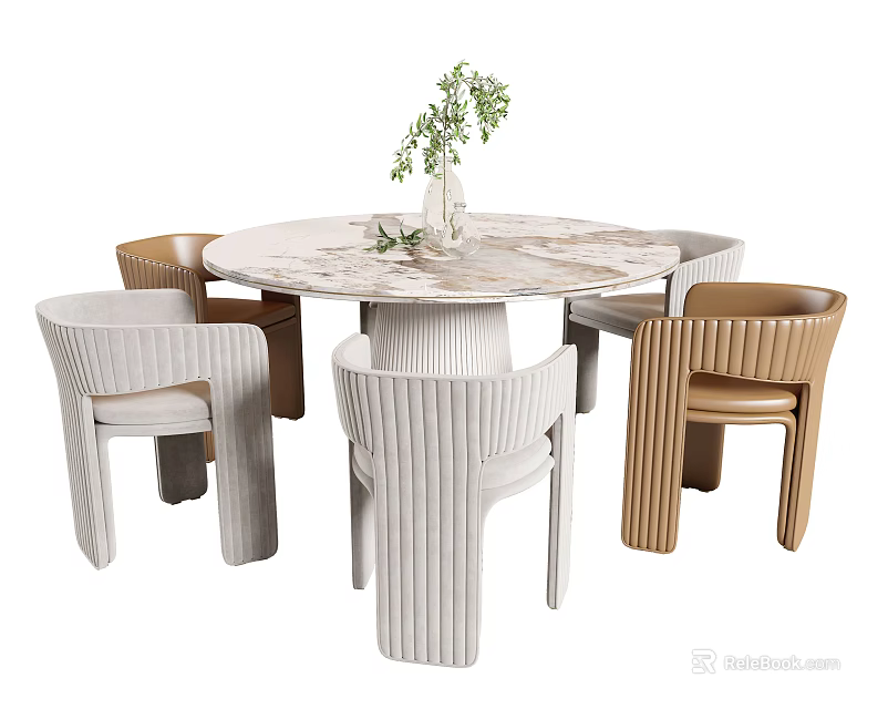 Modern Round Dining Table Set with Marble Top and Striped White Brown Chairs 3d model