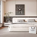 Modern Minimalist Bedroom Interior With King Bed Nightstands Table Lamps Soft Rug And Abstract Painting