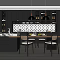 Dark Modern Kitchen Interior With Black Cabinets Island Pendant Lights And Tile Backsplash
