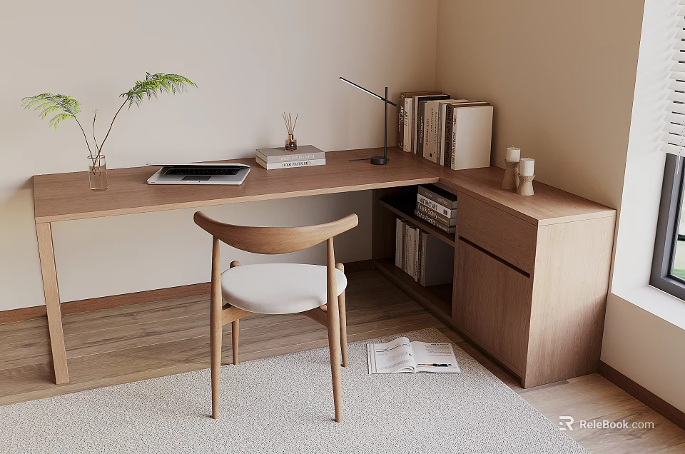 Minimalist Wooden Desk with Table Lamp Green Plant Tablet Books and Chair in Cozy Room 3d model 