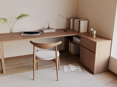 Minimalist Wooden Desk with Table Lamp Green Plant Tablet Books and Chair in Cozy Room 3d model