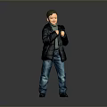 Man In Dark Blue Puffer Jacket And Blue Jeans With Fists Clenched On Gray Background