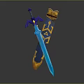 Blue Glowing Sword With Purple Decorative Hilt And Yellow Scabbard Featuring Intricate Patterns 3d model
