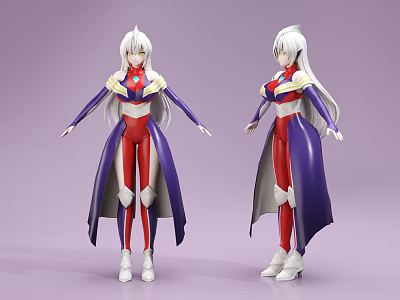 Game Anime Character With Silver Hair Red Purple Outfit And Purple Cloak Design 3d model