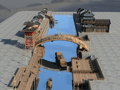 Historic Traditional Commercial Street With Ancient Architecture Waterway Bridge And Boats 3d model