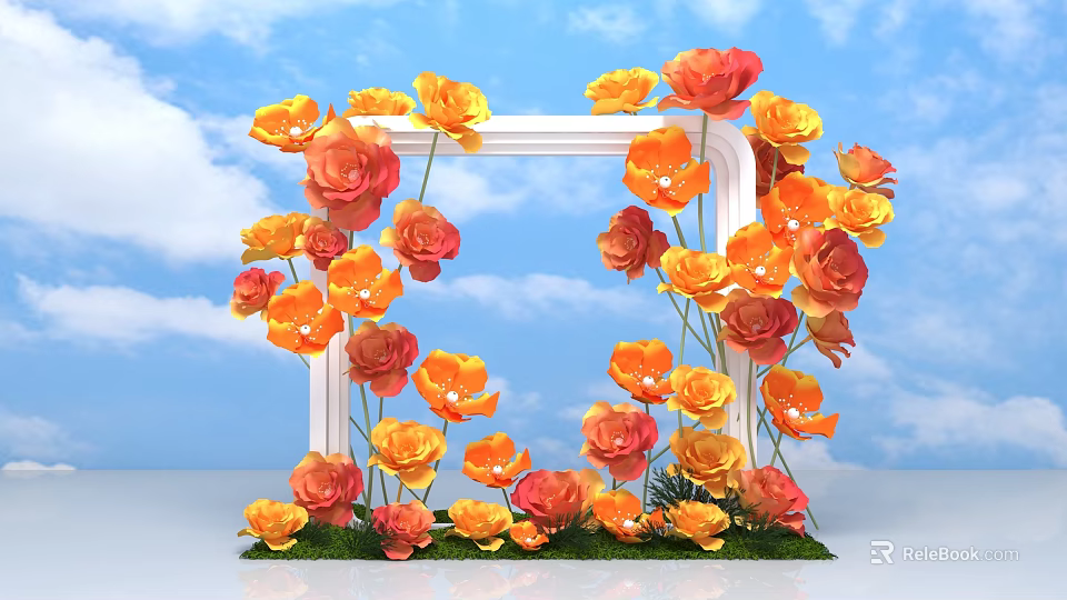 Vibrant Floral Installation With White Frame Orange Red Flowers Blue Sky Background Green Grass Base 3d model 