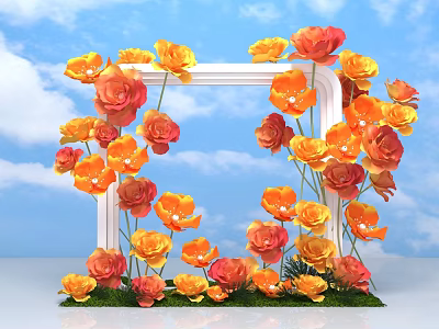 Vibrant Floral Installation With White Frame Orange Red Flowers Blue Sky Background Green Grass Base 3d model