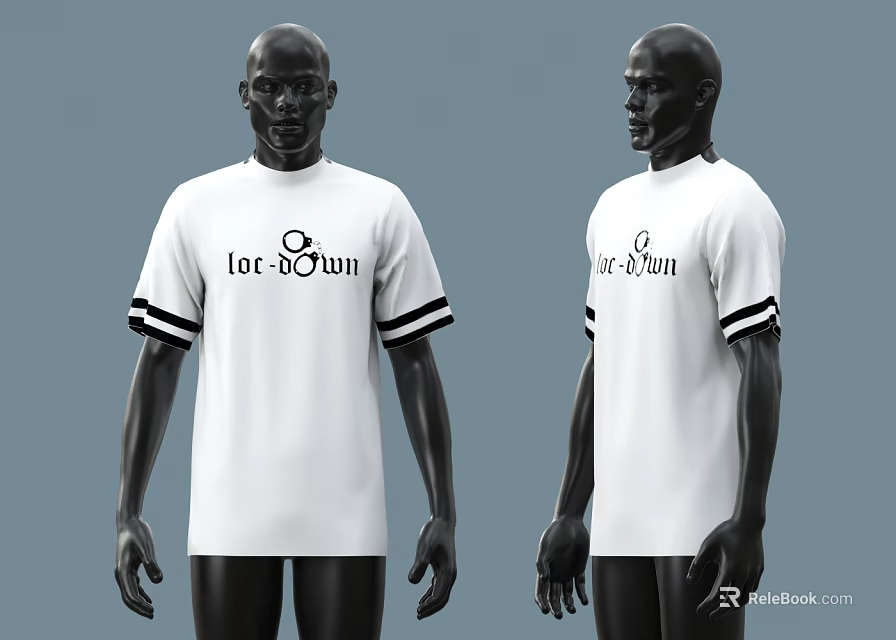 White Short Sleeve T Shirt With Black Cuffs And Lot OWN Text Design 3d model 