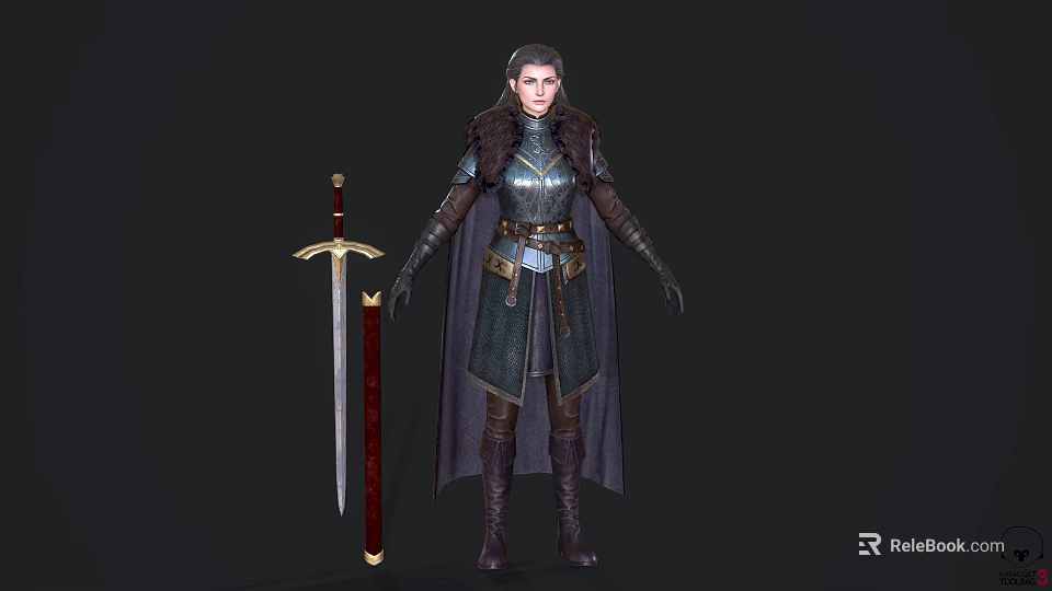 Game Movie Character Female Warrior In Medieval Armor With Cloak And Sword 3d model 