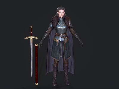 Game Movie Character Female Warrior In Medieval Armor With Cloak And Sword 3d model