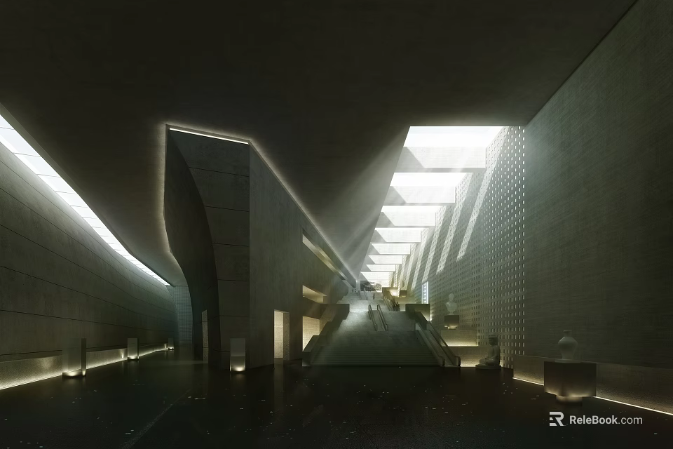 Modern Cultural Center Interior Design With Geometric Architecture Lighting And Staircase 3d model 