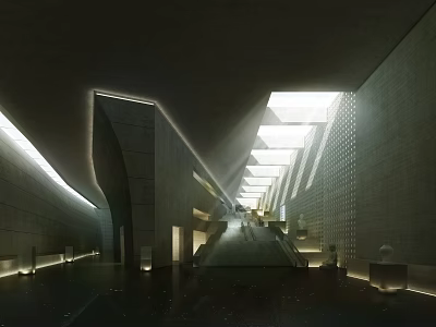 Modern Cultural Center Interior Design With Geometric Architecture Lighting And Staircase 3d model