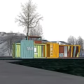 Modern Container Building With Multi Colored Units Glass Windows And Waterfront View 3d model