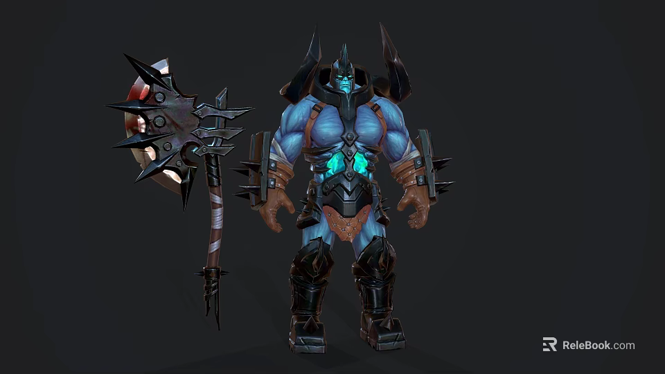 Muscular Dark Warrior Character With Blue Glowing Armor And Giant Spiked Weapon 3d model 
