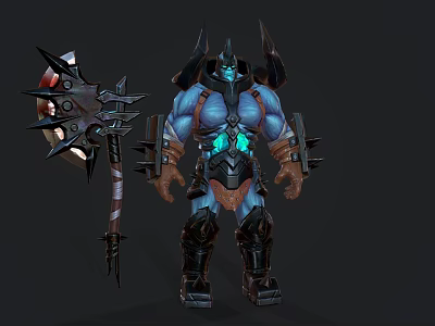 Muscular Dark Warrior Character With Blue Glowing Armor And Giant Spiked Weapon 3d model