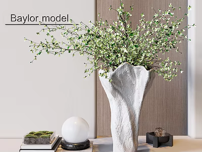 Baylor Model Decorative Ornament Set with White Vase Green Branches Books and White Spherical Decor 3d model