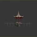 Traditional Chinese Pavilion Architecture with Overhanging Eaves Roof Red Pillars Connecting Bridges and Stone Platform