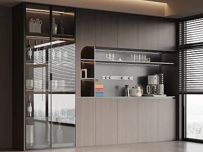 Modern Wine Cabinet with Glass Door and Open Shelves in Bright Kitchen Area 3d model