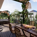 Lush Garden Landscape With Pergola Vines Wooden Deck And Outdoor Dining Setup