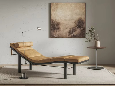 Light Brown Leather Chaise Lounge With Black Frame Floor Lamp Side Table Plant And Wall Art 3d model